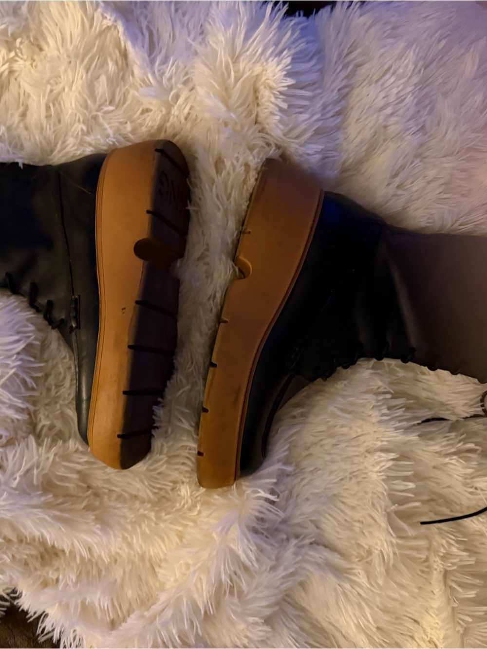 Mango Black Leather Combat Boots with Brown Platform Soles